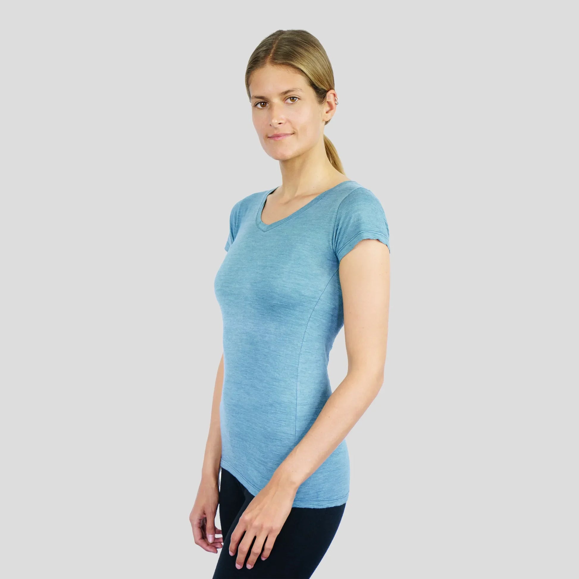 Women's Alpaca Wool T-Shirt: 160 Ultralight V-Neck color Natural Natural Turquoise